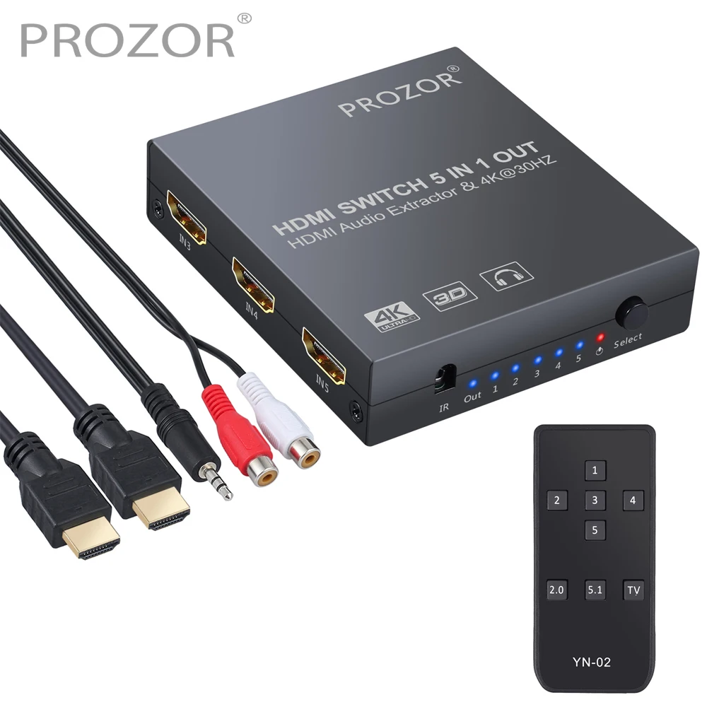 PROZOR 5 In 1 Out HDMI-compatible Switch with Audio Extractor 5x1 HDMI-compatible Audio Switcher Converter 3.5mm Jack SPDIF Out