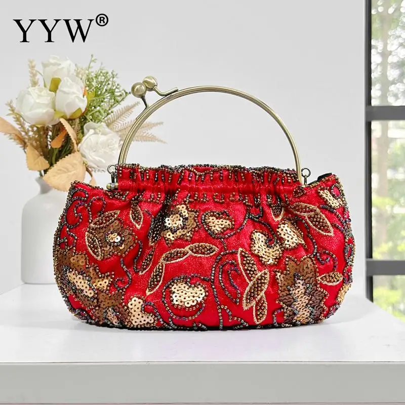 

vintage red Women Clutch Bags Ladies Beads Evening Party Bridal Flower Embroidered Handbag Women Solid Retro Small Totes Wallets