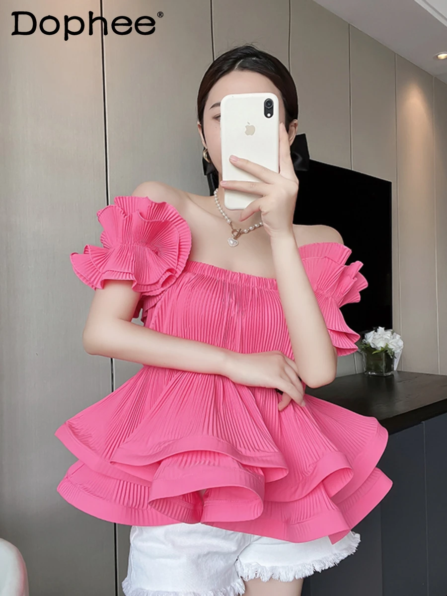 

Sweet Chiffon Ruffles Pleated Tshirt Vest for Women Sexy Off-Shoulder Slim Waist Slim-Fit Pink Sling Top 2022 Summer New Clothes