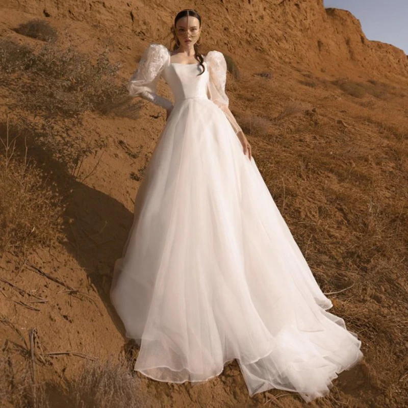 

Boat Neck Illusion Appliques Lace Pleats Long Sleeve Backless Tulle A-Line Wedding Dress Bridal Gown Vestido De Noiva