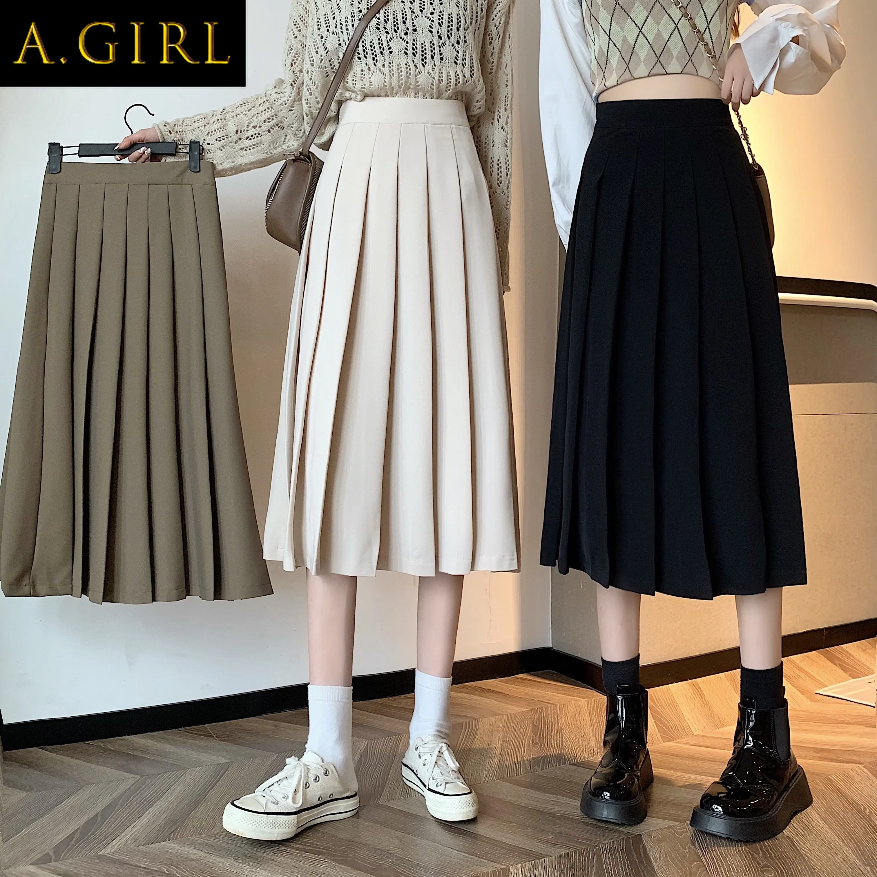 

A GIRLS Skirts Women Tender Mid-calf Ulzzang Pleated Leisure Pure Empire Elegant Vintage All-match Friends Winter Mujer Popular