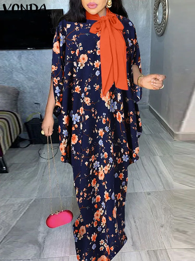 

VONDA Summer Long Maxi Dress Bohemian Bow Tie Women 3/4 Bat Sleeve Floral Printed Party Dress Pleated Casual Beach Sundress 2022