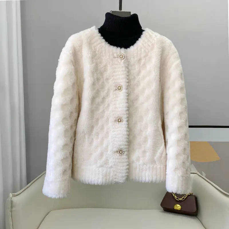 2022 Autumn Winter Women New Sheep Shearing Coats Female Short O-neck Outerwear Ladies Genuine Wool Fur Warm Jackets F442