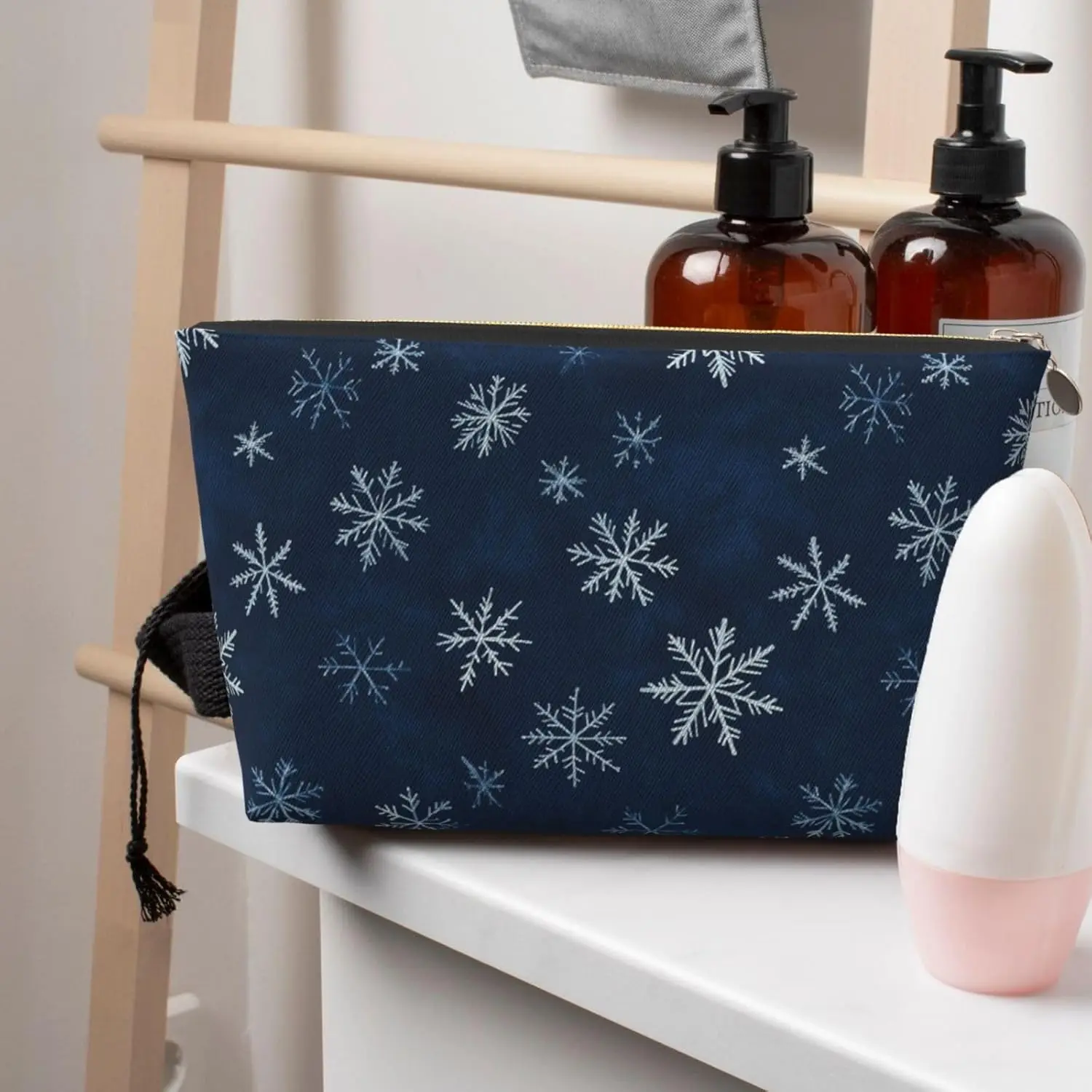 Косметичка темно-синяя снежинка зимняя рождественская косметичка дорожный