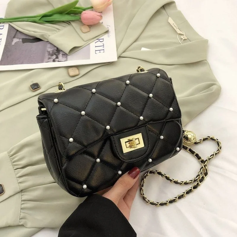 

Diamond Lattice Crossbody Bags for Women Shoulder Bags Fashion Trend PU Golden Ball Chain Handbag Messenger Small Square Bag