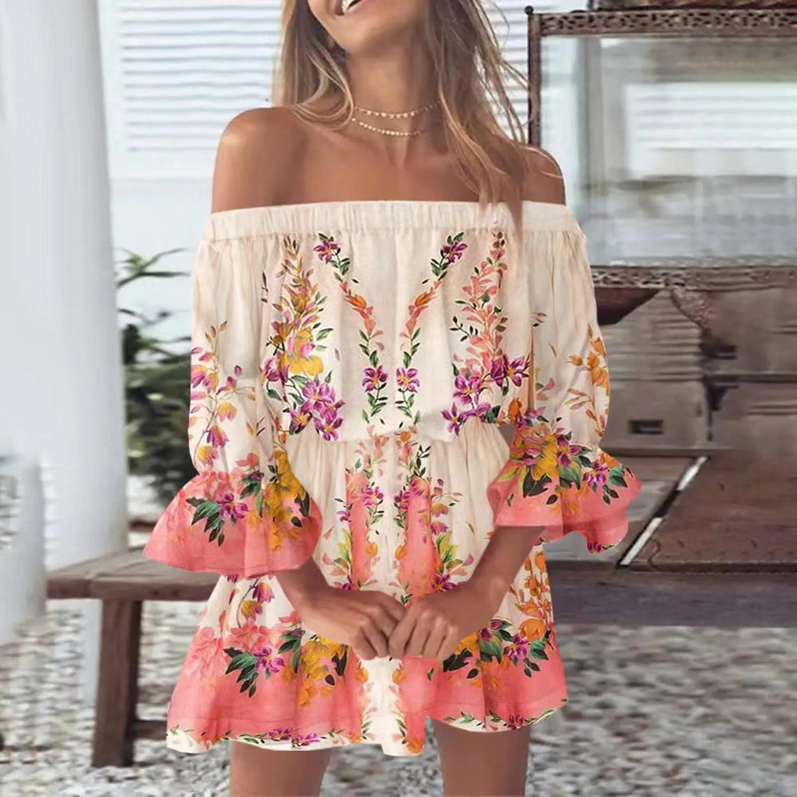 

Summer Dresses For Women 2023 Beach Sexy Off Shoulder Tunic Sundresses Casual Loose Fit Bell Sleeve Mini Floral Linen Wrap Dress