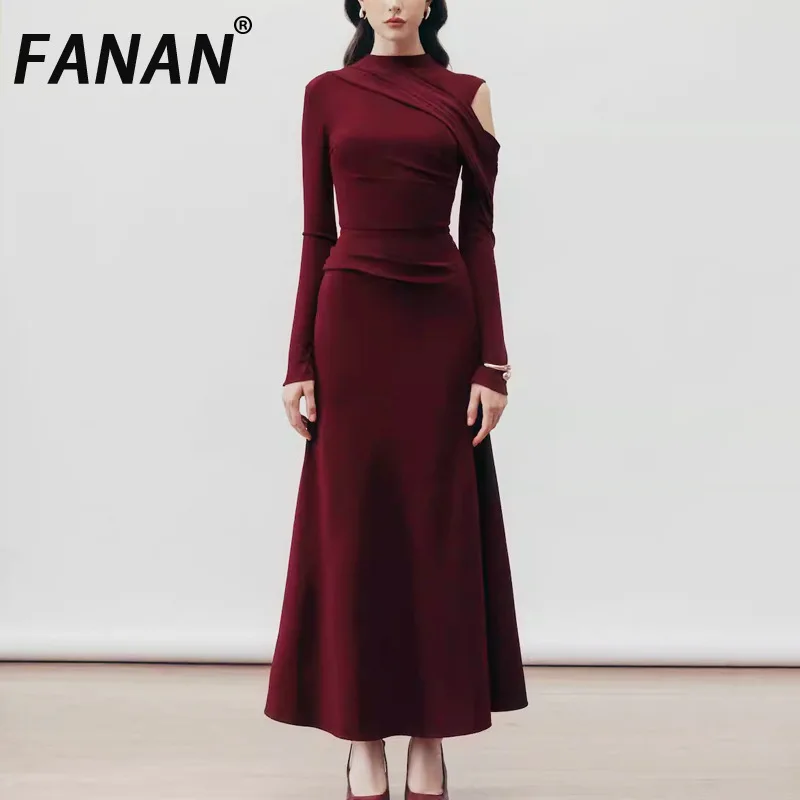 Фото FANAN элегантное длинное платье с открытыми плечами для женщин, однотонные платья с поясом, темпераментная одежда, новинка весны и осени 2023 года №1
