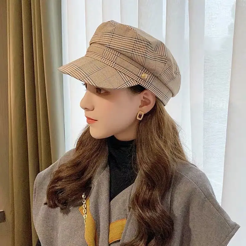 

Houndstooth Female Military Hat Spring and Autumn New Temperament Beret British Fashion Retro Trendy Newsboy Hat