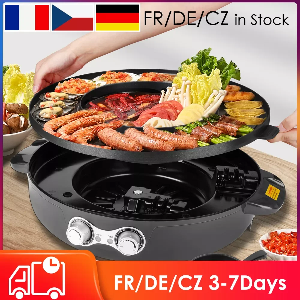 

2200W 2 in 1 220V Electric Hot Pot and Smokeless Grill Barbecue Pan Grill Non-Stick BBQ Machine Split Dual Temperature Control