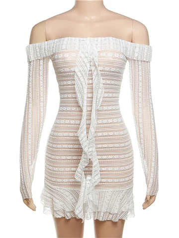 Abdieso кружевное сексуальное с открытыми плечами Короткое женское белое модное 2023 осенне-зимнее облегающее пляжное платье с длинным рукавом и оборками