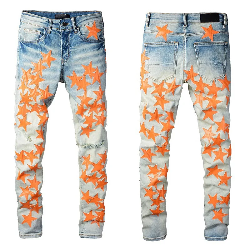 

Orange star patch leather, patch broken splicing, patch camouflage hole AMIRI men's jeans elastic Slim Fit Jeans 824/815/720/589