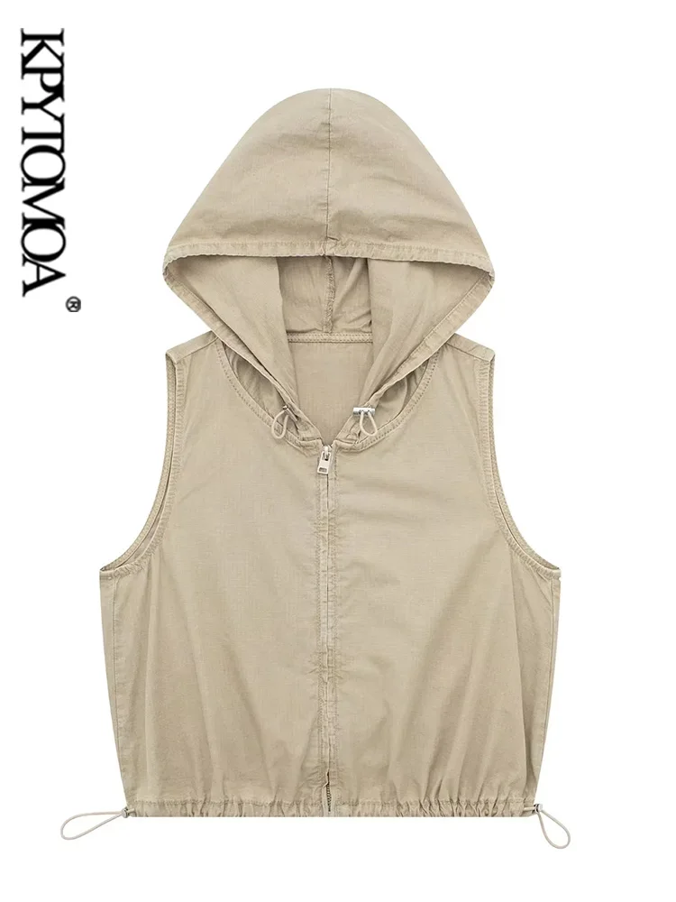 

KPYTOMOA Women Fashion With Stoppers Cropped Hooded Waistcoat Vintage Sleeveless Front Zipper Female Outerwear Chic Vest Tops
