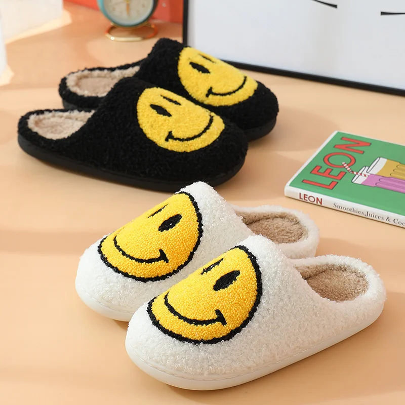 Hot Winter Big Smiley Pattern Women Fur Slippers House Couples Men Fluffy Slides Autumn Warm Plush Bedroom Ladies Cotton Shoes