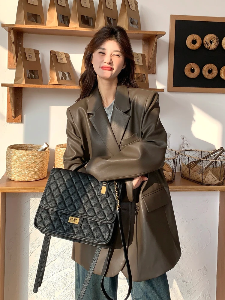 Korean Sle Coffee Color Suit Leather Coat Outerwear Women Autumn 2024 New High Sense Small Loose PU Casual