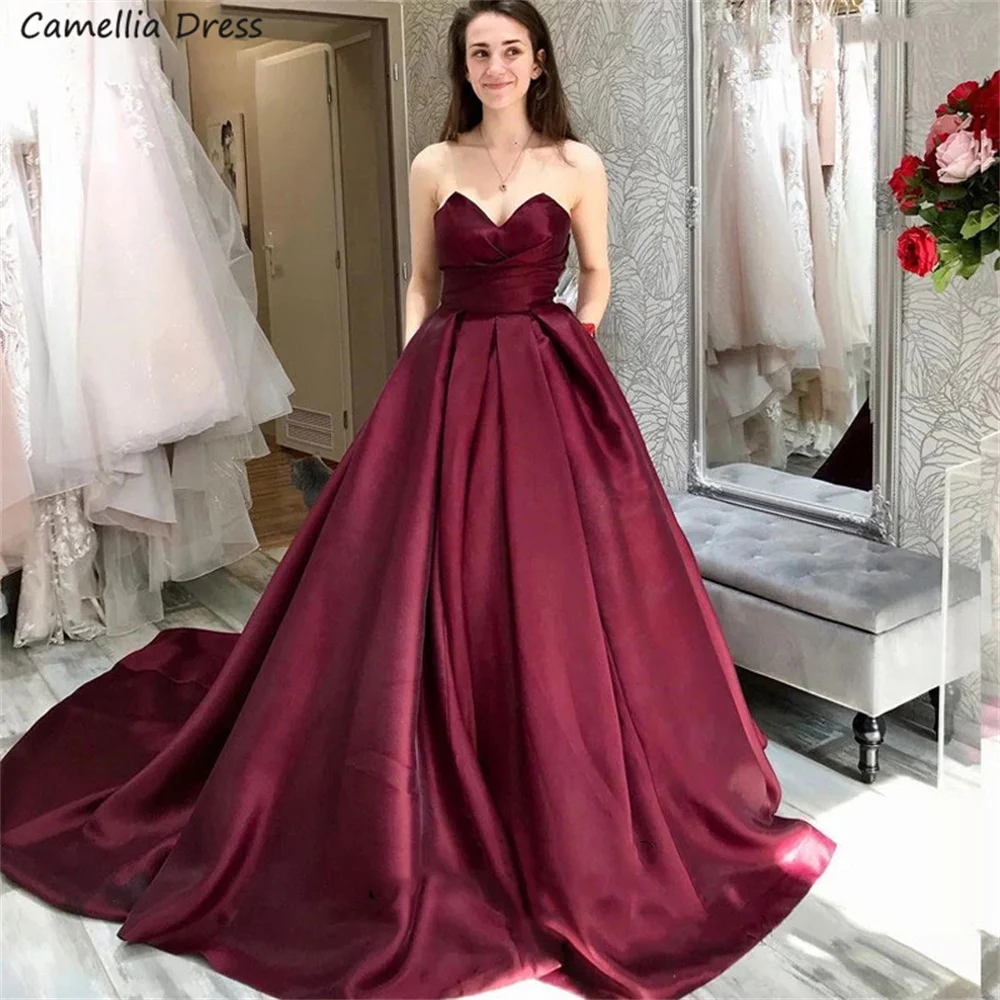 

Elegant Satin Prom Dresses For Women A-line Sweep Train Strapless Formal Evening Dresses Party Gowns Robes De Soirée فستان سهرة