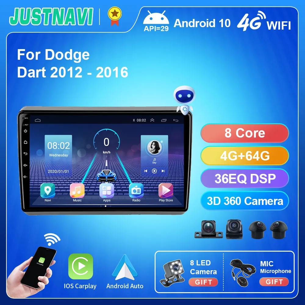 JUSTNAVI QT5 Android 10.0 Car Radio For Dodge Dart 2012 - 2016 GPS Navigation 2 din 4G WIFI DSP RDS Multimedia Video Player DVD