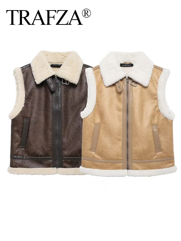 TRAFZA зимняя женская модная однотонная утолщенная жилетка с отложным воротником