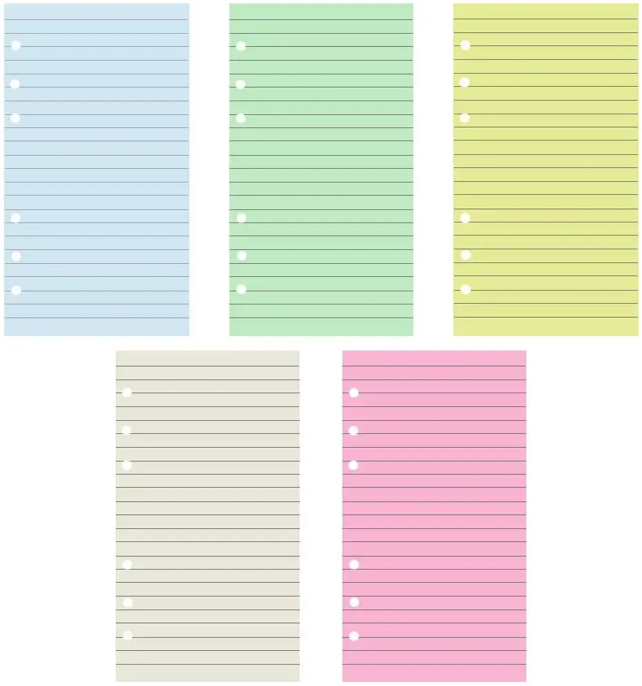 

A6 Colorful 6-Hole Refills Inserts, 5-Color Loose Leaf Planner Filler Paper for A6 Binder Personal Organizer,50 Sheets/100 Pages