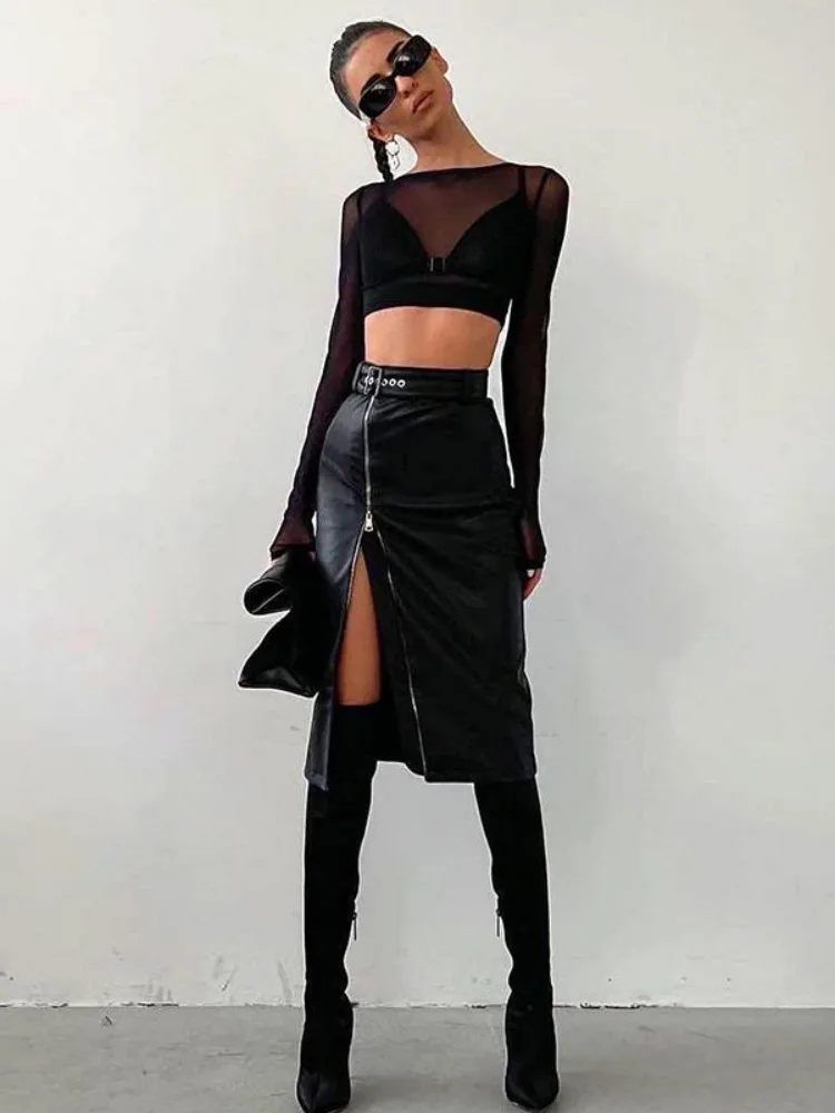 

Asymmetrical PU Skirt For Women Zipper Black Faldas Escocesas De Mujer Sexy Streetwear High Waist Belt Y2k Aesthetic Clothes
