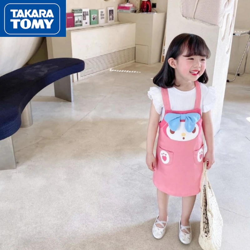 

TAKARA TOMY Girls Spring and Summer Vest Dress Three-dimensional Bow Hello Kitty Cartoon Cute Pink Dress Loose Strap Skirt
