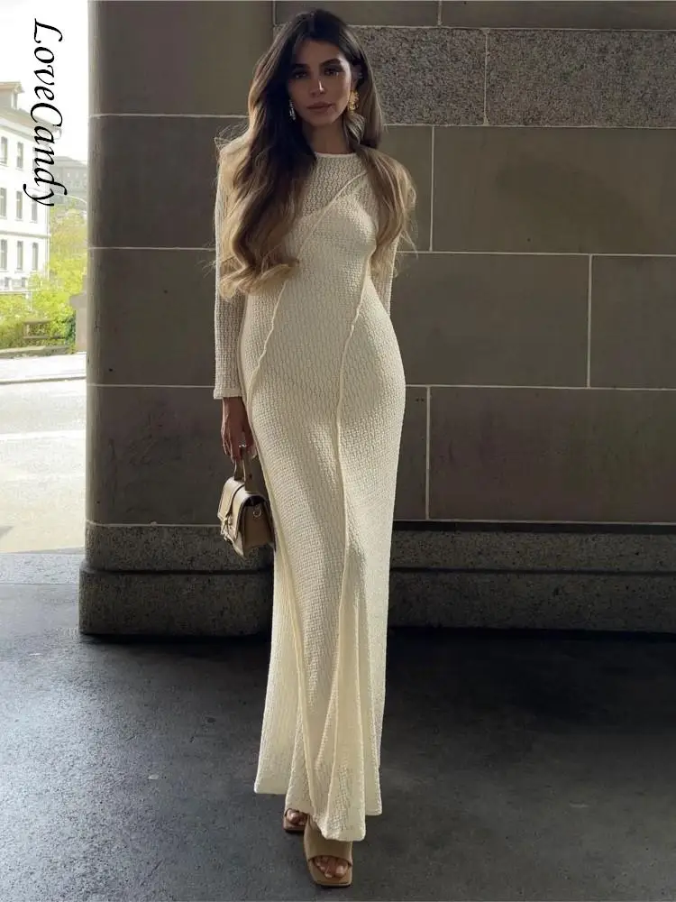 

Fashion Hollow Out Knitted Maxi Dress Women O Neck Long Sleeve Slim A Line Dresses Autumn Bohe Casual Patchment Female Vestidos