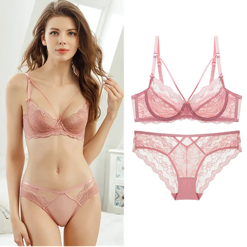 

New Women Ultra-thin Sexy Lace Bra Briefs Sets 3/4 Cup Breathable Upper Bracket Large Size Underwear Set Girls 9243