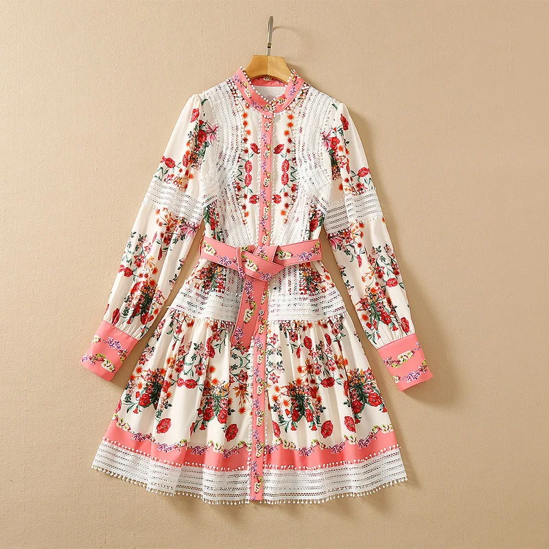 

Женская одежда в европейском и американском стиле, новинка весны 2022, модное однобортное платье с длинным рукавом, поясом и прострочкой