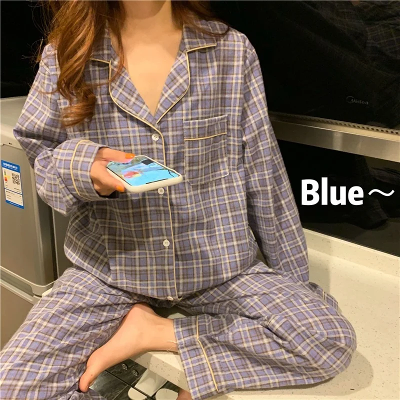 Cute Grid Girls Pajamas Set Korean Autumn Winter New Long Sleeve Leisure Sleepwear Women Loose Nightwear Homewear Suit