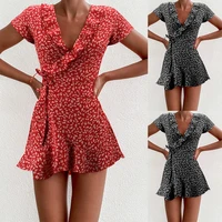 summer women floral printed dress v neck ruffle one piece tied a line slim dress vestidos de mujer office ladies casual clothes