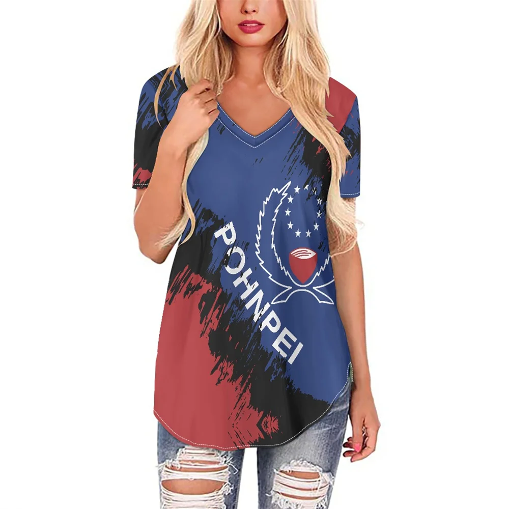 

Прямая поставка, топы с V-образным вырезом для женщин в полинезийском стиле с изображением цветов на острова Понпеи, свободная футболка, жен...