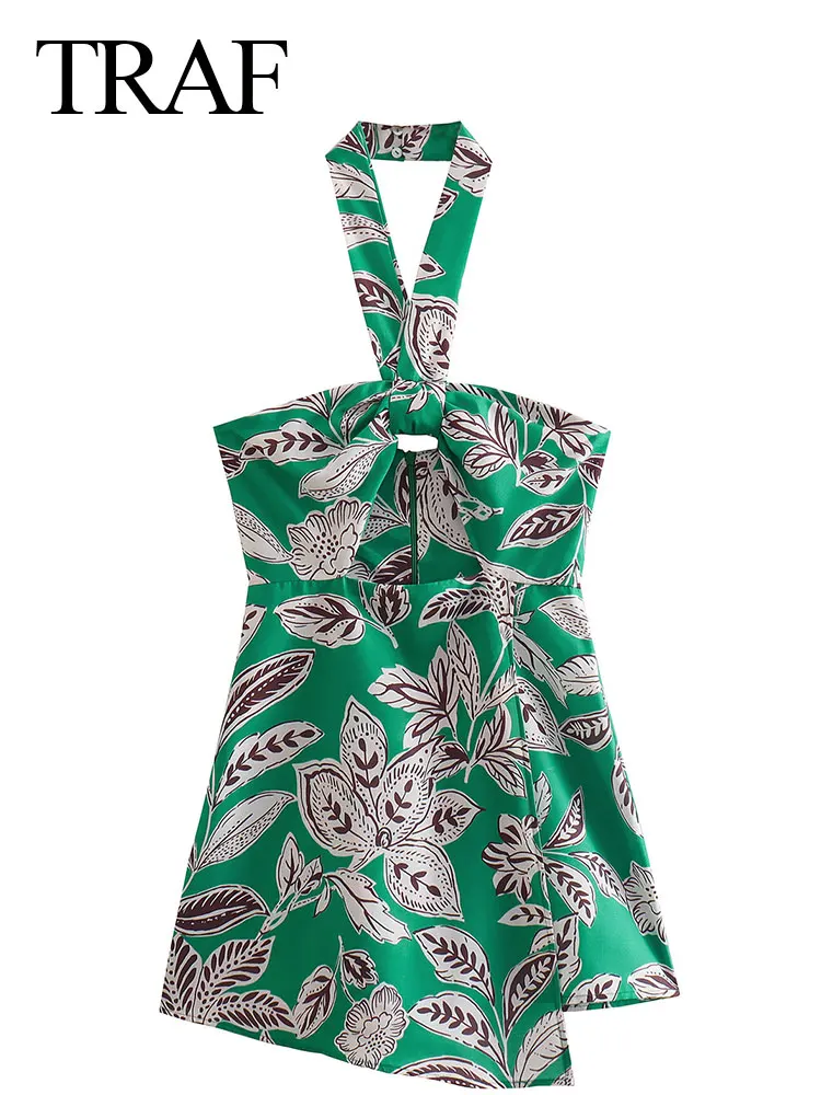 

TRAF Women Summer Fashion Wrap Chest Hollow Green Printed One-piece Shorts Halter Neck Open Back Slim Sexy Culottes Jumpsuit