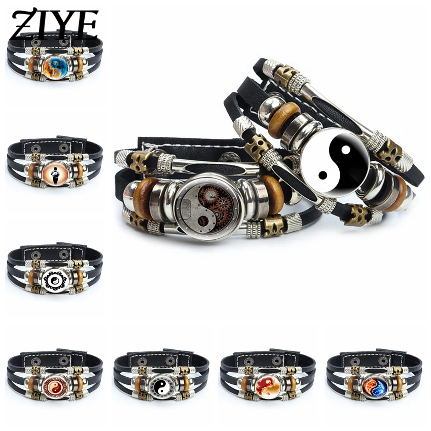 

Fashion Yin Yang Tai Chi Leather Bracelets Chinese Style Glass Dome Snap Button Bracelets for Men Punk Jewelry Accessories Gifts