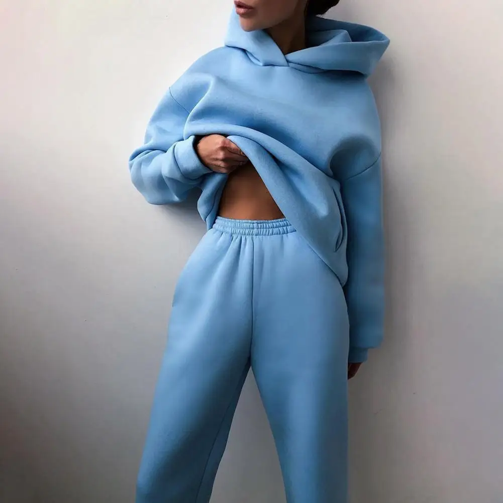 

Hoodie Suit Solid Color Loose Casual Hooded Elastic Waist Ankle Banded Two Piece Set for Daily Wear