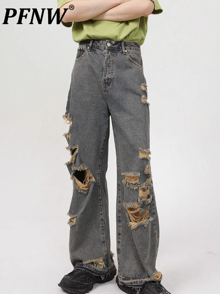 

PFNW Men's Denim Pants 2023 Summer Autumn New Product Korean Version Personalized Straight Tube Hole Casual Jeans 12A5614