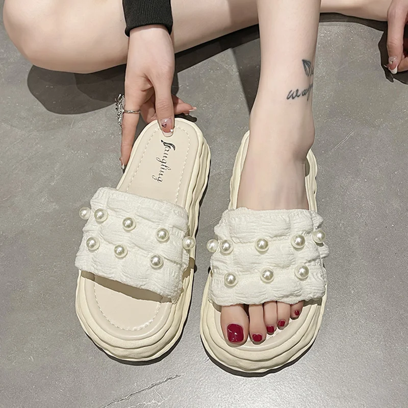 

Slippers Casual Shoes Woman 2022 Pantofle Shale Female Beach Med String Bead Platform Luxury New Flat Sabot Soft PU Rubber