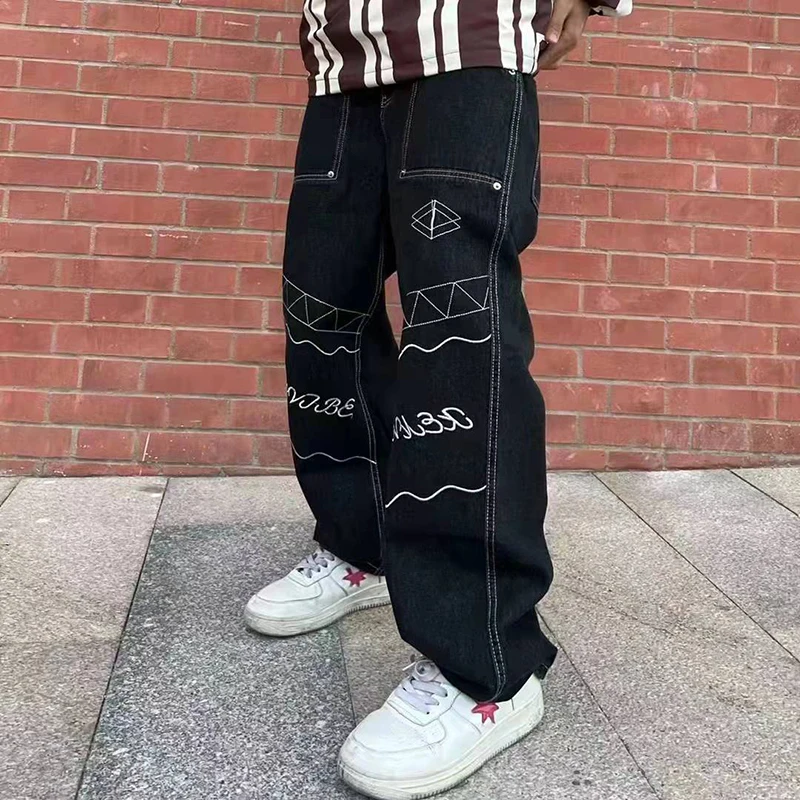 Harajuku Pockets Patchwork Embroidery Retro Mens Denim Trousers Streetwear Casual Straight Ripped Vibe Style Jeans Pants