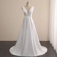 welinsha white satin chapel train bridal gowns sleeveless real picture wedding dresses deep v neck womens dress robe de mari%c3%a9e