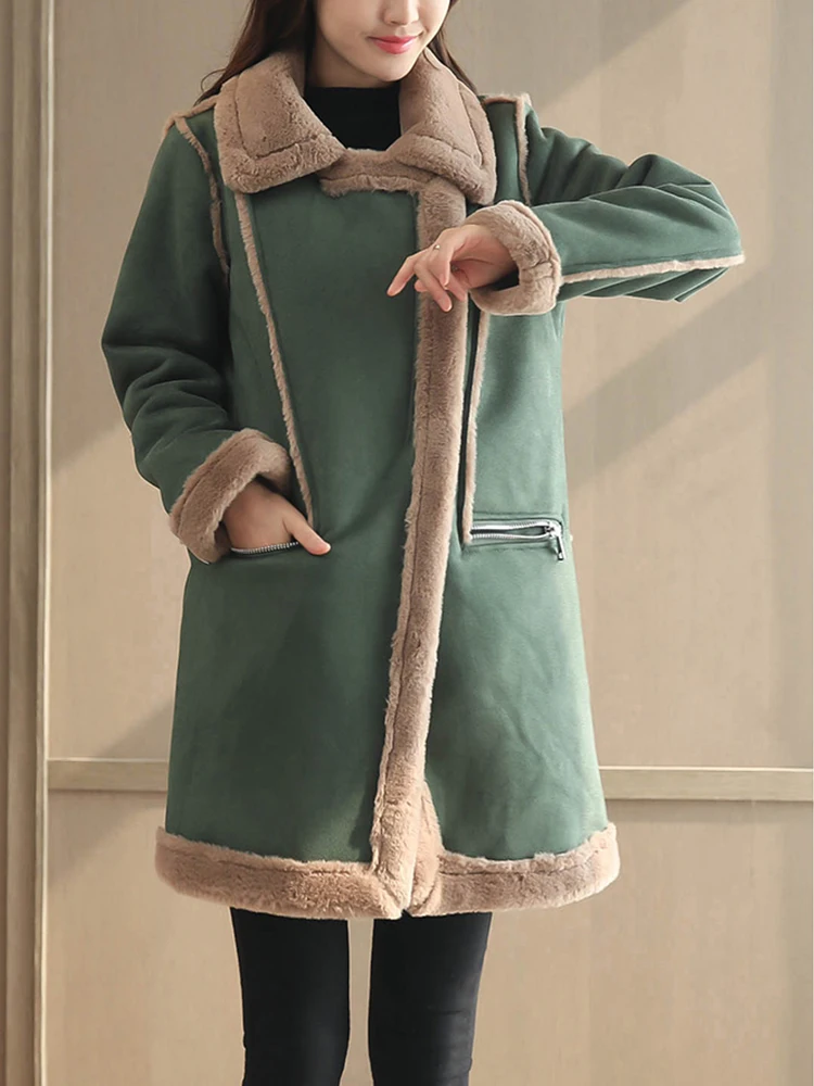 

FTLZZ осенне-зимняя повседневная женская кожаная верхняя одежда на молнии с лацканами, женская кожаная куртка из искусственной замши, пальто средней длины из овечьей шерсти