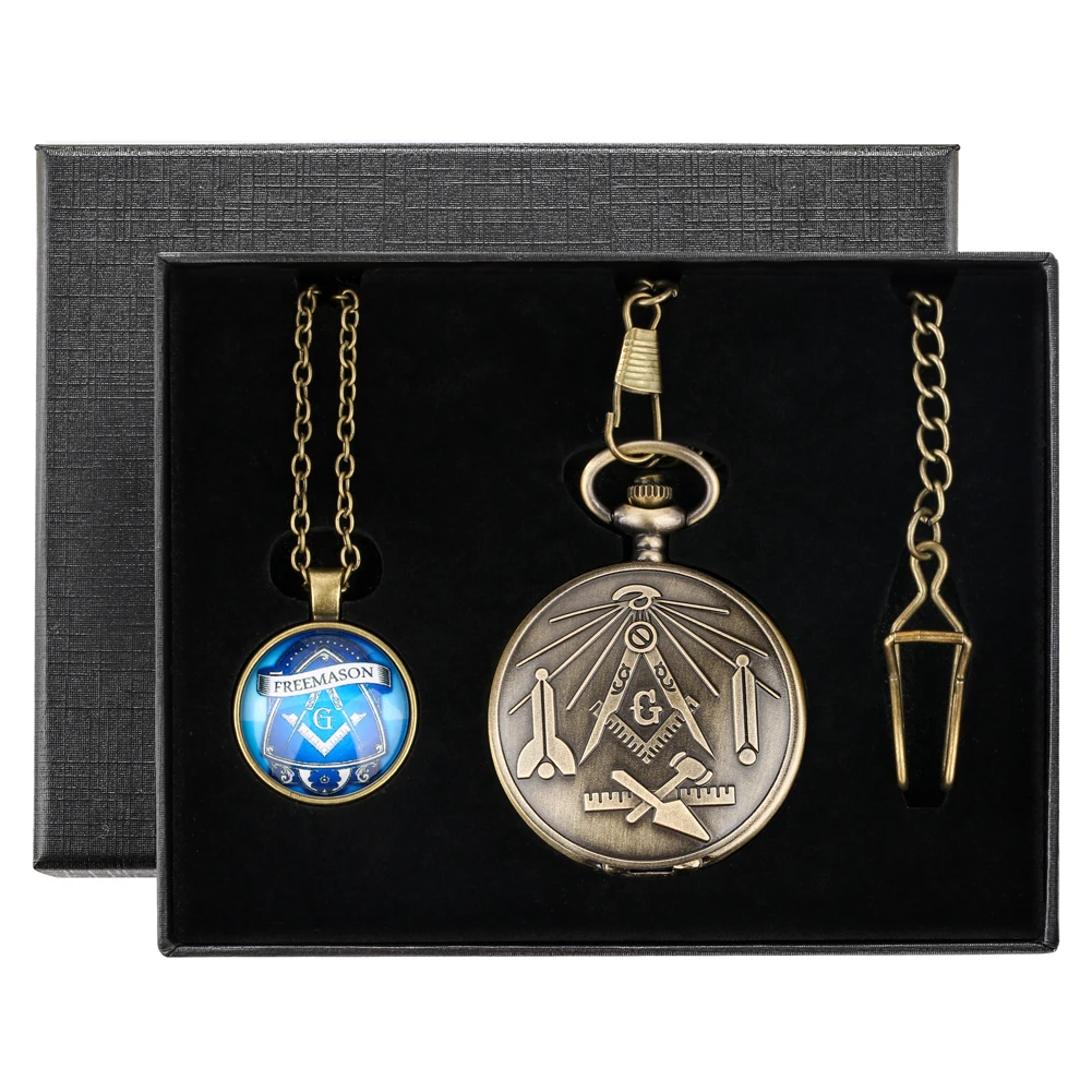 2022 New Arrival Freemasonry Masonic Pocket Watch Set Necklace Pendant Watches Box Best Gift Set for Men Women Dropshipping