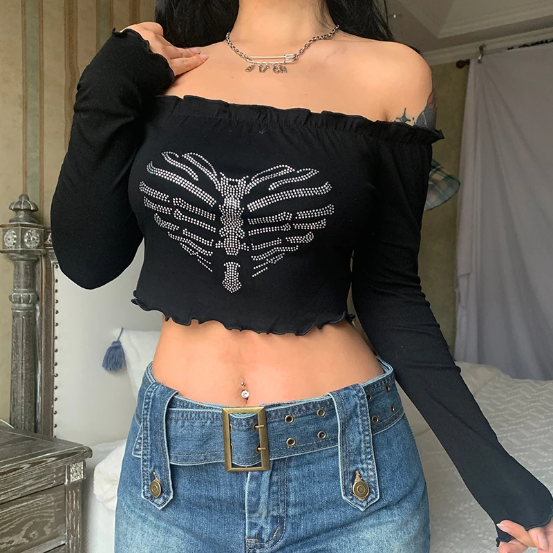 Off Shoulder Sexy Black Gothic Crop Top T-Shirts Women Clothes Rhinestone Skeleton Grunge Clothing Tee Cyber Y2K Shirt Core Tops