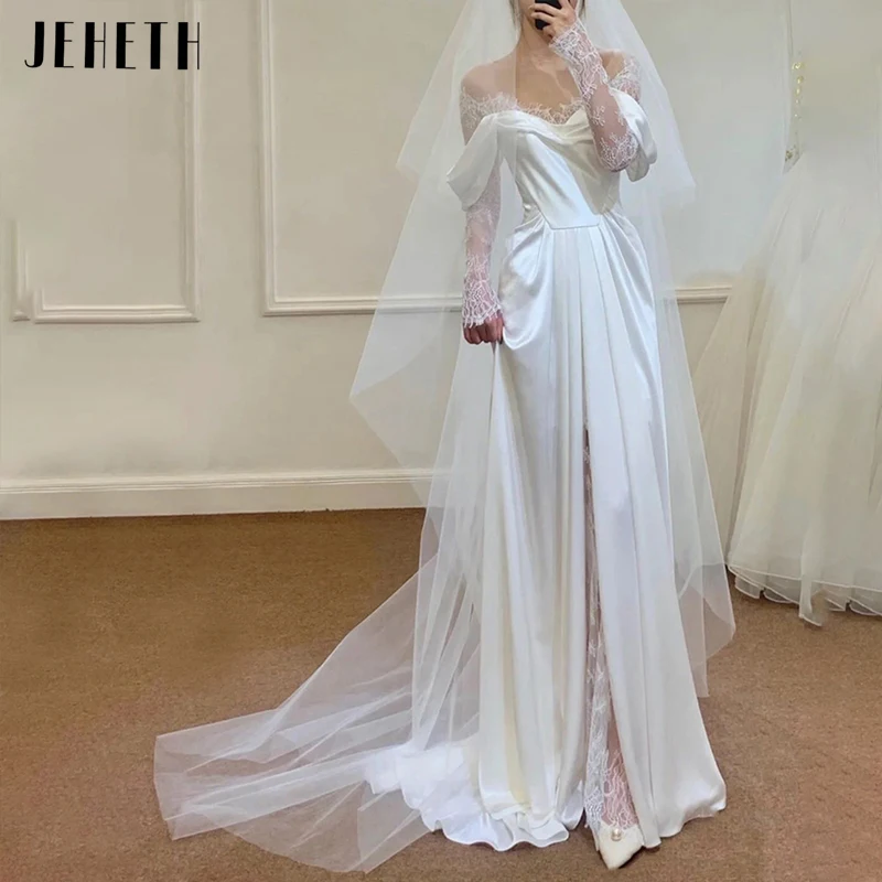 

JEHETH Simple Satin Wedding Dresses For Brides Illusion Applique Lace Long Sleeve Bridal Gown Elegant High Slit vestido de noiva