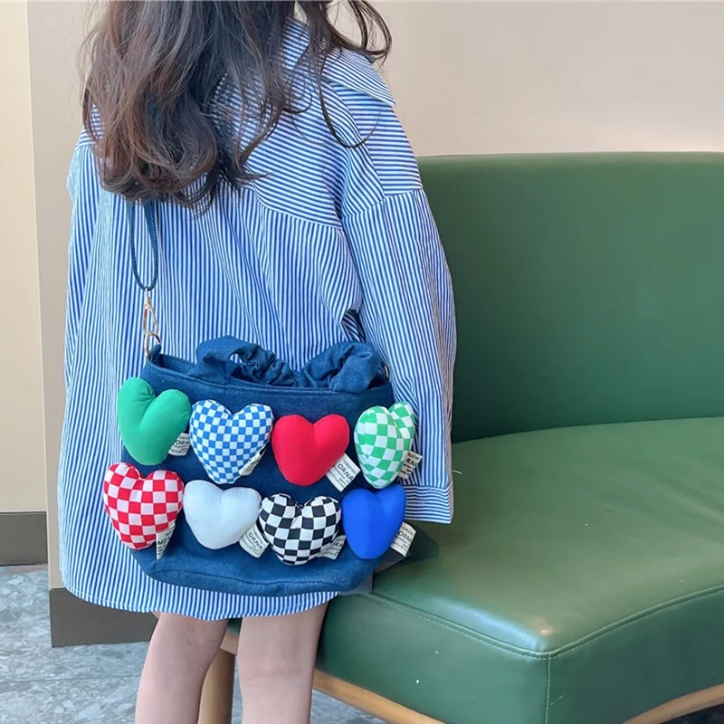 Love Heart Lattice Parent-child Canvas Fashion Shoulder Bags 2022 New Girl Boy Korean Style Personalized Cute Handbag All-match