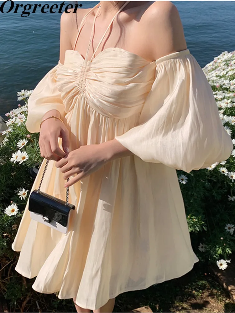 

Новое поступление, Пляжное Платье для отпуска, женское французское милое летнее Мини-Платье с лямкой на шее и пышными рукавами