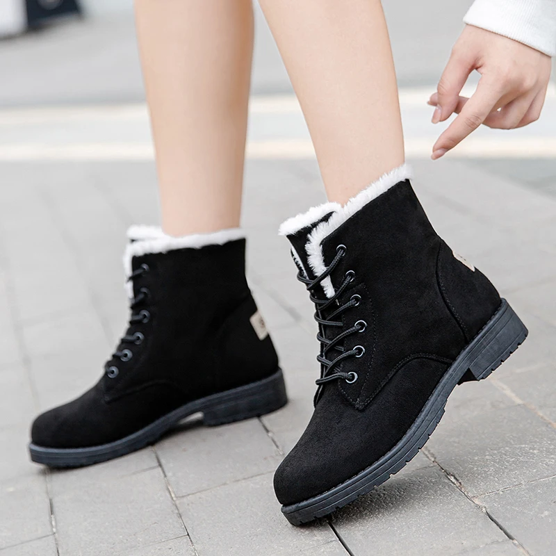 

Ботинки женские зимние на плоской подошве, теплые полусапожки на шнуровке, меховая модная зимняя обувь на платформе