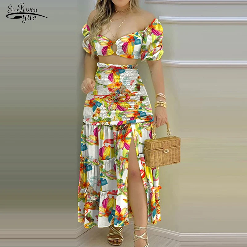 

Vintage Slash Neck Short Sleeve Bohemian Dress Women Summer Fashion Floral Dress Casual Sexy Two Piece Set Dress Vestidos 20918