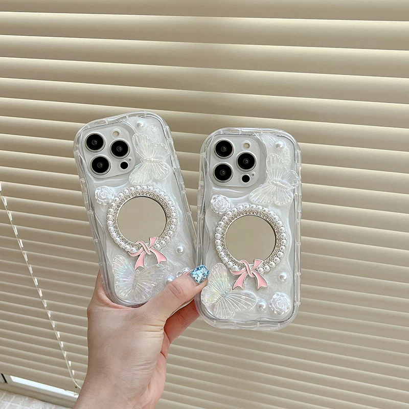 Корейский INS милый чехол для телефона с 3D бабочкой и жемчугом iphone 16 15 14 13 Pro 12 11 Max plus