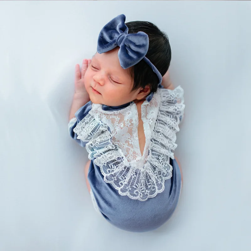 Newborn Photography Clothing Bow Headband+Jumpsuits 2Pcs/Set Studio Infant Shoot Clothes Baby Girl Photo Props Accessories