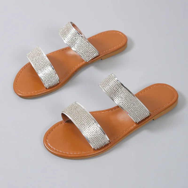Women's Roman Style Shiny Bright Diamond Word Sandals Flat Slippers Sandals Women's 2020 Women's Fashion Low-heeled Sandals
