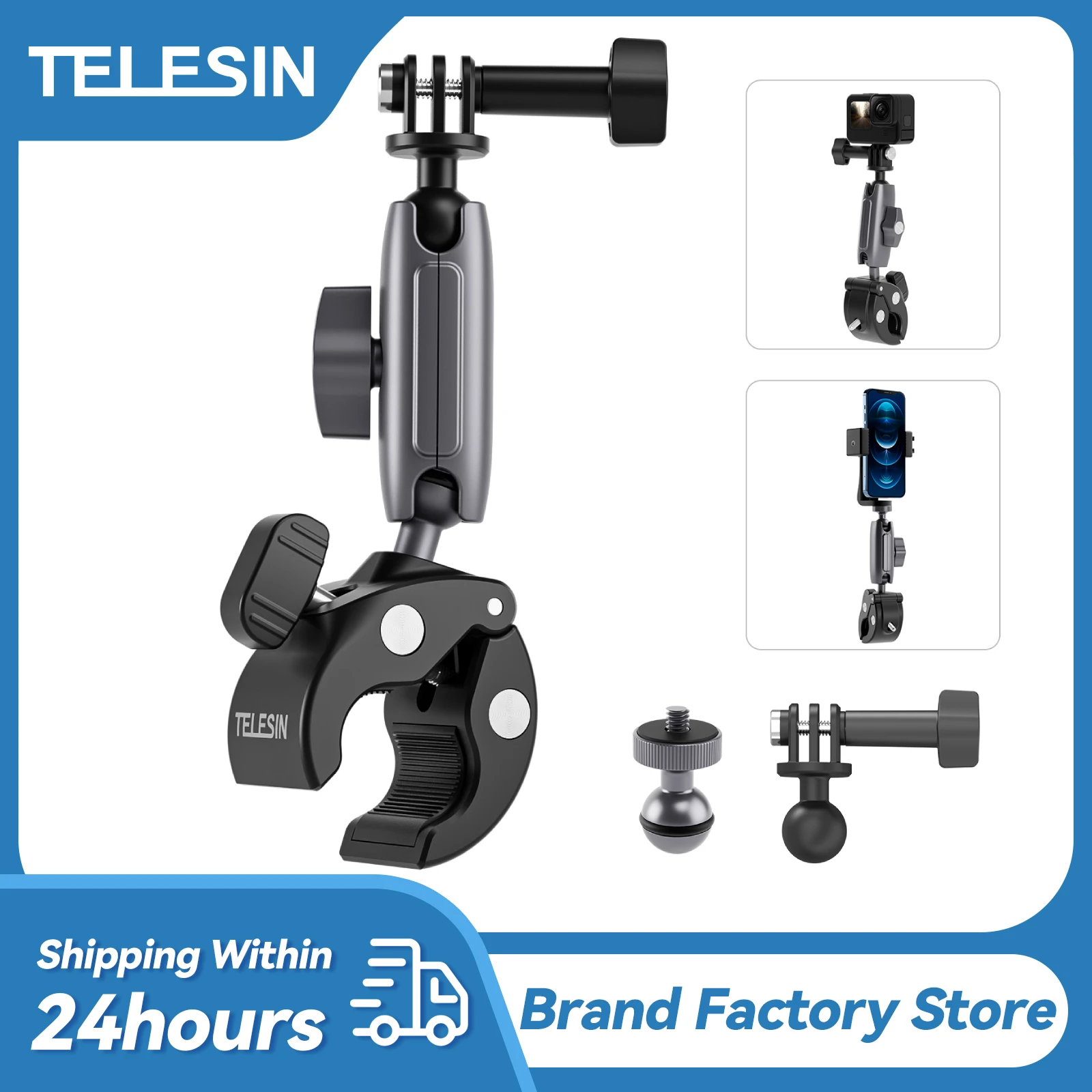 

TELESIN Motorcycle Cycling Crab Claw Clip Magic Arm 360° Adjustment Super Clamp 1/4" Screw For GoPro Insta360 DJI Action 2 SJCAM