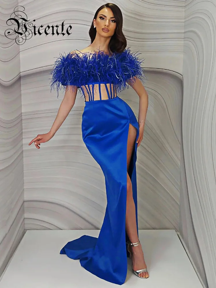 

Женское вечернее платье с перьями VC, голубое платье с сетчатым соединением на талии, длинное сексуальное платье